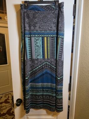Ambiance Black, Teal & Yellow Geometric Maxi Skirt